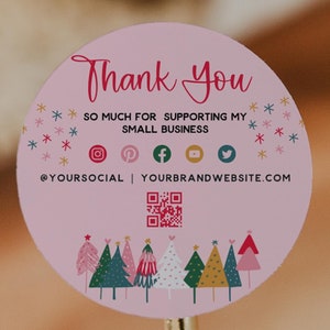 Round Holiday Thank You Sticker Template Canva, Business Packaging, Small Business Label, Business Branding Label, DIY Package Seal