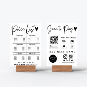 Printable Modern Price List & Payment Sign, QR Code Sign Template, Editable Scan to Pay Sign, Accepted Payments Sign Canva, Instant Download
