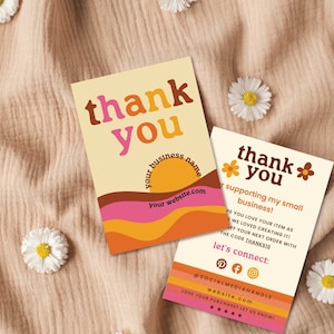 Retro Sun Thank You Card Template, Editable Small Business Thank You, DIY Printable Package Insert Card, Customizable Canva Template