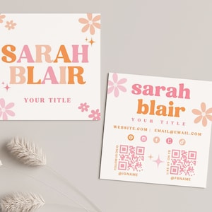 Retro Business Card Template QR Code, Boho Printable Square Business Card Design, DIY Floral Calling Card, Editable Canva Template - MOD