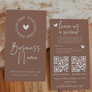 Laat een recensie achter QR-code visitekaartjecanvasjabloon, doe-het-zelf Google Facebook scanbare zakelijke bedankkaart 2 x 3,5" Like & Connect-LIV