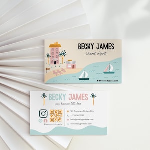 Travel Agent Business Card Template, QR Code Modern Holiday Card, Printable Small Business Tourism Booking Flights Card, Editable Canva Card