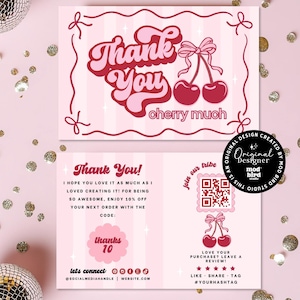 Cherry Coquette Card Thank You Card Canva Template, DIY Retro Girly Thank You Insert Card, Trendy Pink Bow Printable QR Code Thank You-CHERI