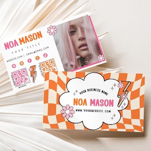 Retro Business Card Template, Printable Groovy Checkered Business Card Design, QR Code Business Card, Scannable Card, Editable Card - NOA