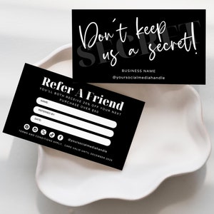 Black Refer A Friend Business Card Canva Template, Printable Referral Discount Coupon Card, Client Referral, Editable Rewards Card - JACE