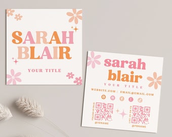 Retro Business Card Template QR Code, Boho Printable Square Business Card Design, DIY Floral Calling Card, Editable Canva Template - MOD