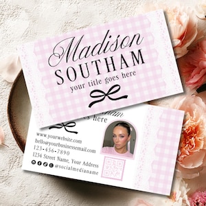 May include: Two business cards with a pink gingham pattern and white lace trim. The top card features the name "Madison SOUTHAM" in elegant script, with "your title goes here" below. The bottom card includes contact information and a photo.