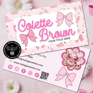 Coquette Bow Business Card Canva Template, DIY Trendy Printable Feminine Business Card, Editable Business Card, Girly Cute Branding - FAWN