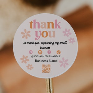 Retro Daisy Small Business Thank You Sticker Template, Business Packaging, Small Business Label, Business Branding Label, Package Seal-MOD