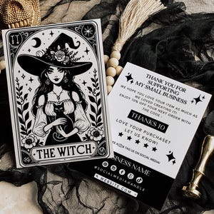 Editable Halloween Witch Thank You Card, Spooky Tarot Package Insert, Goth Canva Template, DIY Trendy  Halloween Business Postcard