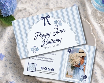 Floral Coquette Business Card Template, QR Code Business Card, Blue Bow Canva Template, Small Business Branding Card - OPAL