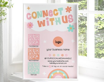 Rainbow Social Media Sign Canva Template QR Code, Follow Us On Social Media, Small Business Sign Template, Social Media Business Sign - LOO