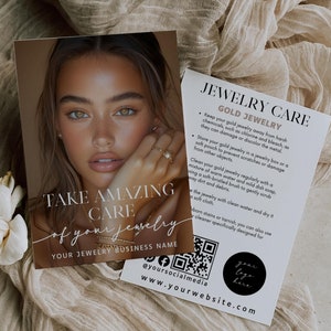 Gold Jewelry Care Card Template, DIY Minimal Business Thank You Card Insert, Modern Jewelry Care Instructions, Printable Care Card, Canva