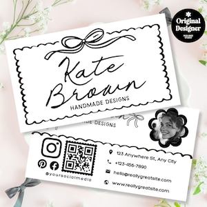 Editable Black & White Business Card Template, Modern QR Code Branding, Feminine Canva Business Card, Bow Aesthetic Digital Download-KATE