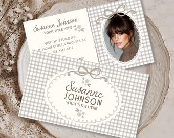 Neutral Business Card Template, Editable Canva Business Card, QR Code Business Card, Feminine Branding, Gingham Bow Business Card - BESS