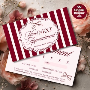 Puede incluir: Tarjetas de cita a rayas burdeos y blancas con el texto "Your Next Appointment" en una fuente adornada. Las tarjetas incluyen espacio para información de contacto y una política de cancelación. También hay un gráfico de lazo.