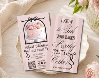 Coquette Bakery Business Card Canva Template, Pink Bow Cake Artist Branding, Editable QR Code Design, Baker Marketing Card - CORA