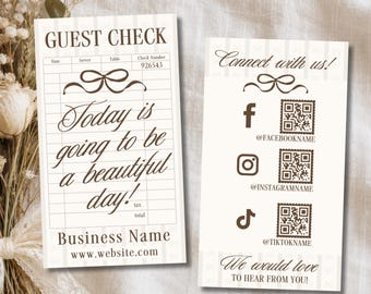 Guest Check Connect With Us Card Canva Template, Luxury Neutral QR Code Insert, Coquette Social Media Business Card - RUTH