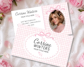 Pink Gingham Bow Business Card Template, Editable Canva Business Card, QR Code Business Card, Feminine Branding, Coquette Business Card-BESS