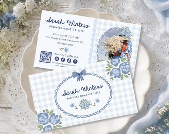 Blue Coquette Business Card Template Canva, Editable QR Code Business Card, Cottagecore Floral Calling Card, Gingham Bow Branding Card-THEA