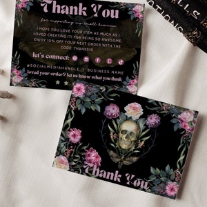 Gothic Skull With Roses Business Thank You Card Canva Template, Editable Watercolor Halloween Thank You Card, Spooky Thank You Business Card