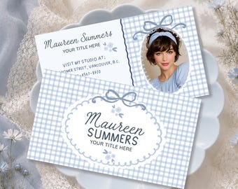 Blue Gingham Business Card Template, Editable Canva Business Card, Coquette QR Code Business Card, Feminine Branding, Bow Business Card-BESS