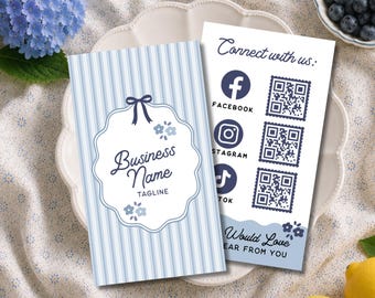 Vintage Bow Connect With Us Card Canva Template, Social Media QR Code Business Card, Editable 2x3.5 Coquette Small Business Insert - OPAL