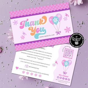 Balloon Business Thank You Card Canva Template, DIY Retro Girly Thank You Insert Card, Trendy Cute Coquette Printable QR Code Thank You-TINA