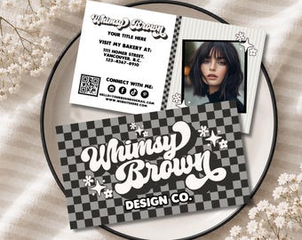 Checkered Business Card Template Canva, Editable QR Code Business Card, Retro Branding Kit, Whimsical Business Card, Small Business - CLEO