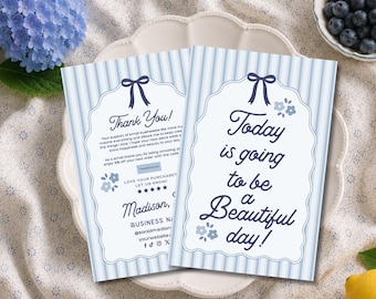 Floral Coquette Thank You Card Template, Customer Thank You Insert, Small Business Packaging Card, Blue Bow Canva Template - OPAL