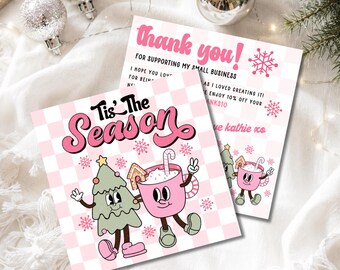 Retro Christmas Business Thank You Card Template Canva, Holiday Printable Thanks For Your Purchase, DIY Christmas Business Package Insert