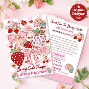 Pink Strawberry Thank You Card Template, Coquette Business Packaging Insert, Editable Canva Template, DIY Cute Customer Thank You Card
