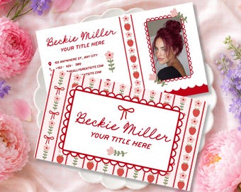 Personalized Coquette Business Card Template, Strawberry Canva Business Card, Photo QR Code Card, Pink Feminine Branding, Editable - POSY
