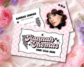 Business Card Canva Template, Personalized Coquette Business Card, Pink Gingham Branding Card, Retro Lightning Bolt, QR Code Card - BOLT