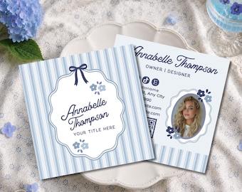 Vintage Bow Square Business Card Template, Editable Canva Business Card, Girly Minimal Branding, Elegant Small Business Printable Card-OPAL