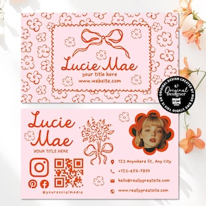 Coquette Bow Floral Business Card Template Canva QR Code, Trendy Cute Fun Business Branding, Feminine Editable Business Card Template-SURI