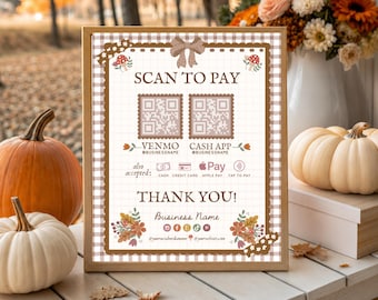 Autumn Cottagecore QR Code Payment Sign, Vendor Booth Sign, Fall Scan To Pay Sign, Editable Canva Template, Craft Fair Business Sign - BRIA