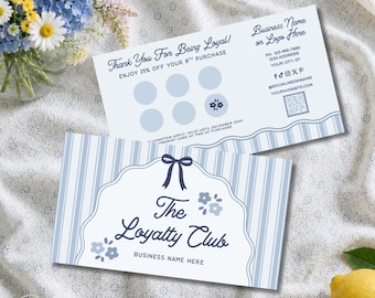 Floral Coquette Loyalty Card Template, Blue Bow Rewards Card, Editable Canva Punch Card, Small Business Loyalty Program - OPAL