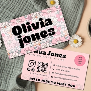 Personalized Business Card Template, Pink Flower Design, Digital Download, Editable Contact Cards, Networking Marketing Tools