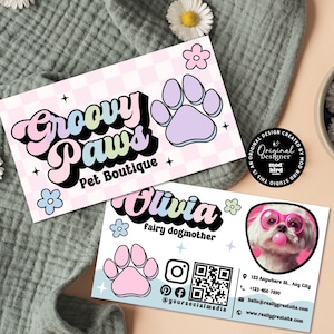Pet Business Card Canva Template QR Code, Retro Dog Walking Pet Sitting Pet Boarding Branding, Editable Cat & Dog Animal Business Card-PAW
