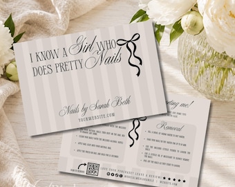 Press On Nails Backing Card Template, Editable Canva Nail Instructions Card, Coquette Nail Packaging Insert, Greige Bow Branding Card-CORA
