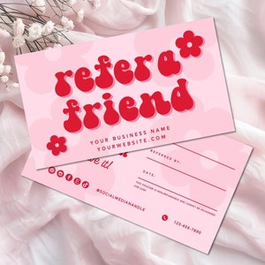 Pink Referral Card Canva Template, Refer a Friend Template, Editable Customer Loyalty Rewards Card, DIY Printable Salon Client Card-FAYE