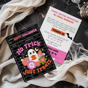 Editable Retro Ghost Halloween Library Card Business Thank You Card Canva Template, Cute Pumpkin Printable Small Business Package Insert