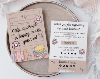 Editable Library Card Customer Thank You, Trendy Book Lovers Business Thank You Card Canva Template DIY Cute Retro Fun Thank You Insert Card