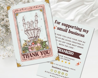 Editable Retro Groovy Skeleton Hand Tarot Business Thank You Card Canva Template, Gothic Editable Small Business DIY Thank You Insert-SKELL
