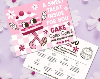 Cake Care Card Template Canva, Editable Cake Cutting Guide Card, Printable Cake Business Insert Card, Cake Order Packaging Insert Card-CUTE