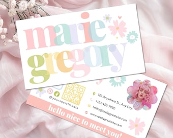 Rainbow Business Card Template QR Code, Pastel Daisy Printable Business Card Design, DIY Summer Calling Card, Editable Canva Template - JUNE