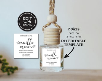 Puede incluir: Plantilla editable para un difusor de aceite de ambientador de coche con aroma a crema de vainilla. La plantilla está disponible en dos tamaños: 2,5 cm x 2,5 cm y 3,8 cm x 3,8 cm. La plantilla tiene un fondo blanco con texto negro y un diseño de corazón.