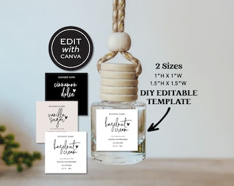 Puede incluir: Plantilla de ambientador de coche editable en DIY con tres diseños de etiquetas diferentes. Las etiquetas son negras, blancas y rosas con texto negro y un corazón. El texto en las etiquetas dice "canela dolce", "azúcar de vainilla" y "crema de avellana". Las etiquetas miden 2,5 cm por 2,5 cm y 3,8 cm por 3,8 cm.