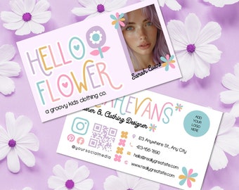 Modèle de toile de carte de visite marguerite mignonne fleur code QR, conception de carte de visite imprimable arc-en-ciel coloré, image de marque bricolage Y2K entreprise-BLOOM